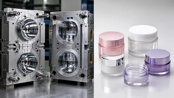 Cosmetic jar mould and finished cosmetic jars comparison showing manufacturing result
